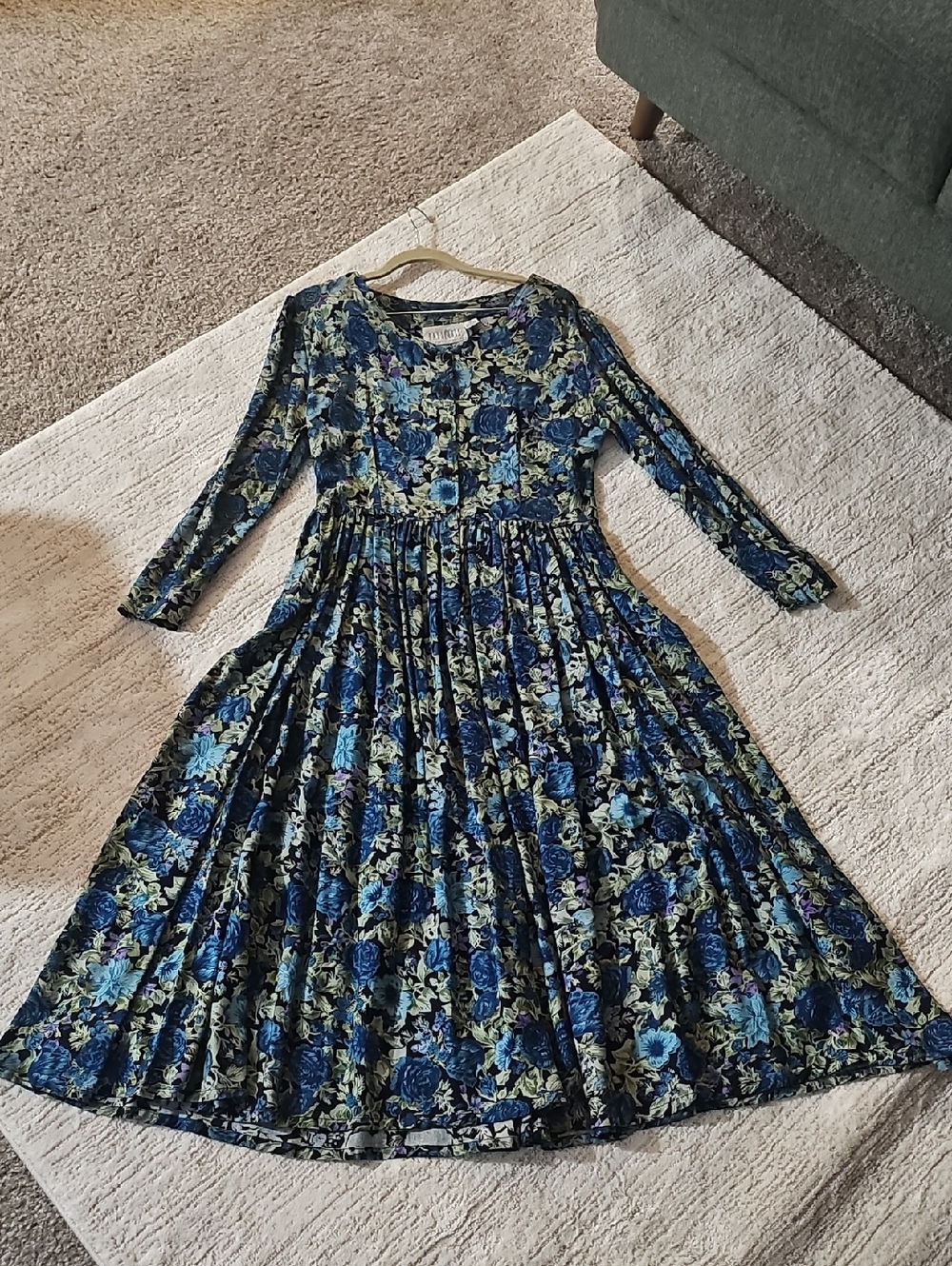 Vintage Rayon Passports Blue Rose Maxi Dress M